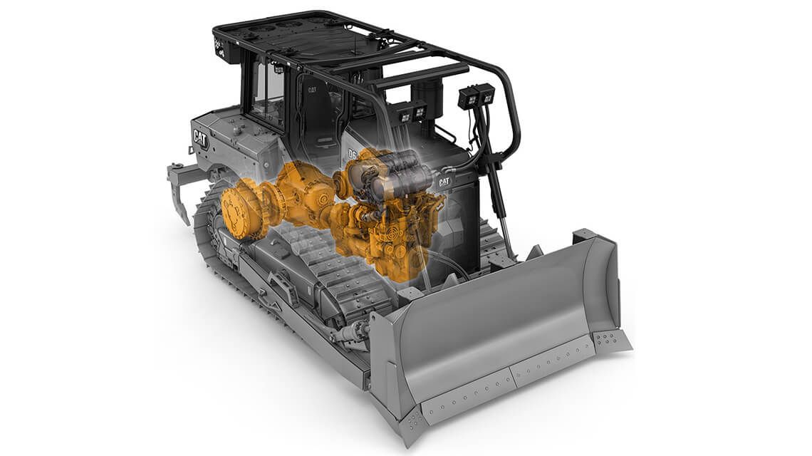 the drivetrain of a machine highlighted in yellow
