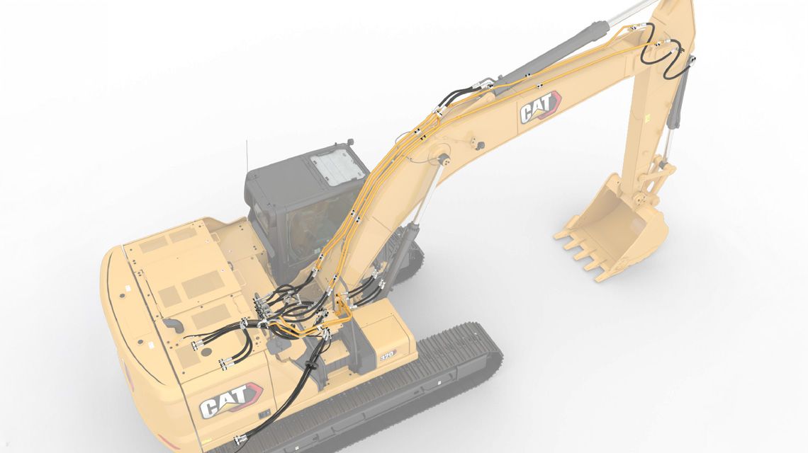 graphic of a 320 Excavator highlighting the hoses, tubes and hydraulics of the machine