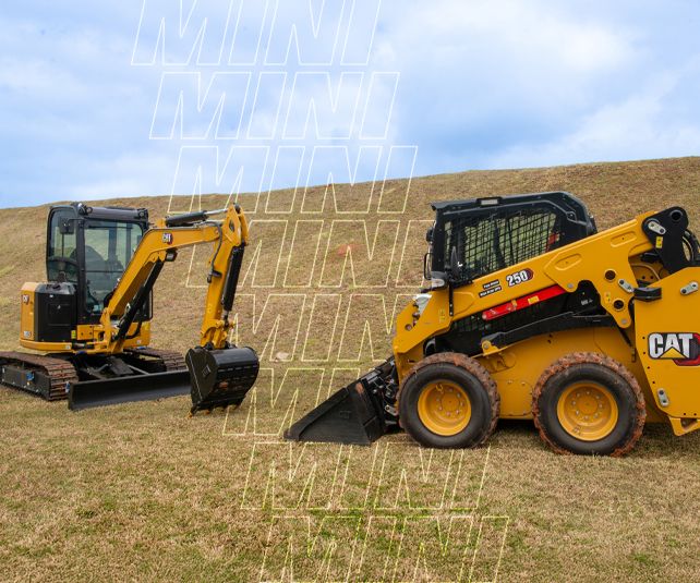 Miniescavadeira e carregadeira compacta estacionadas em um campo.