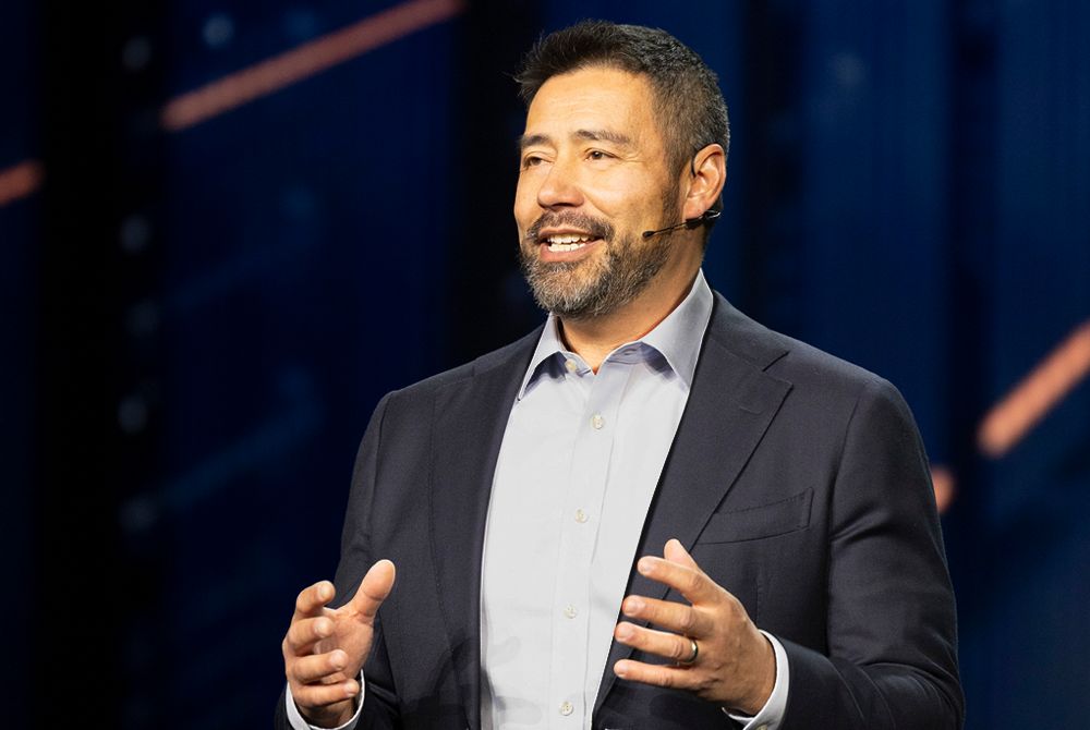 Caterpillar CEO Joe Creed delivers a keynote at CES 2026 in Las Vegas.