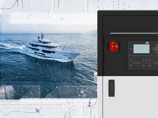 Cat C32B Engine next to a rendering of a sword fish