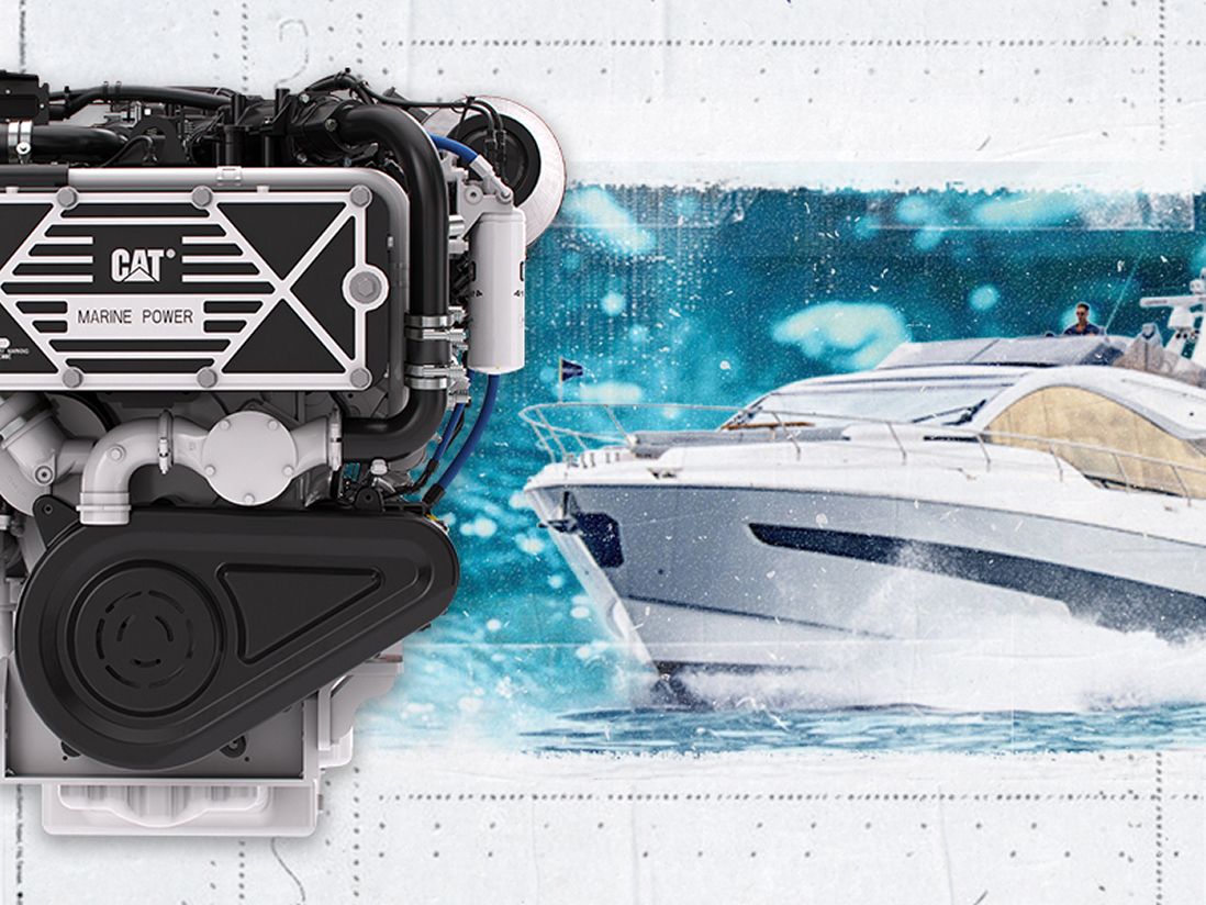 Cat C32B Engine next to a rendering of a motoryacht