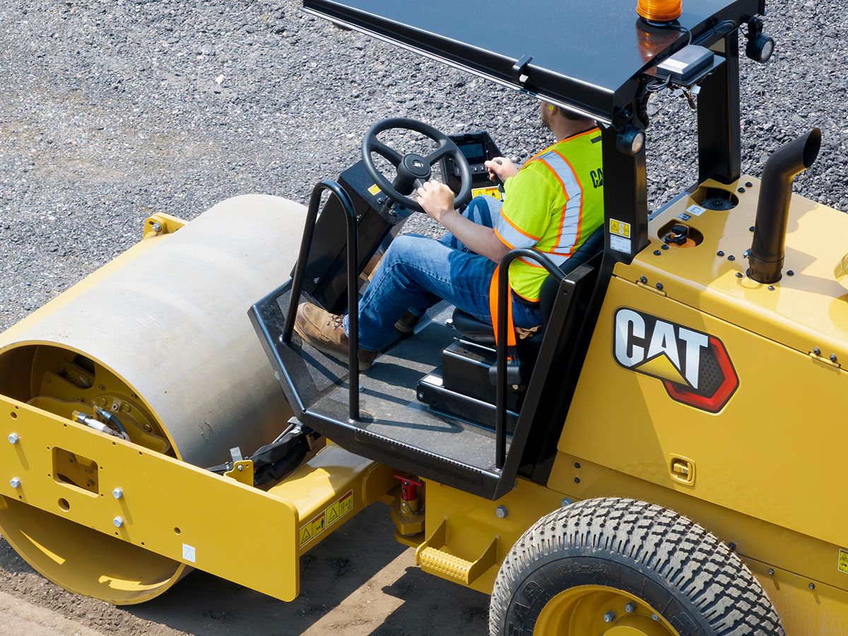 Operator station on Cat CS5 vibratory soil compactor