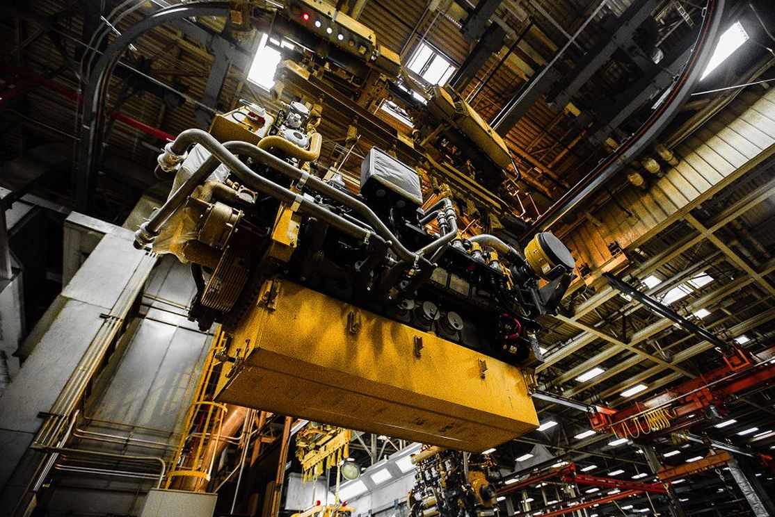 Engine in warehouse suspended overhead 