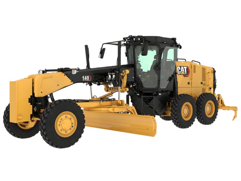 Computer drawing of a yellow motor grader with white background. It has a push block on the front of the machine and an earth ripper on the back. This machine has a joystick control system.