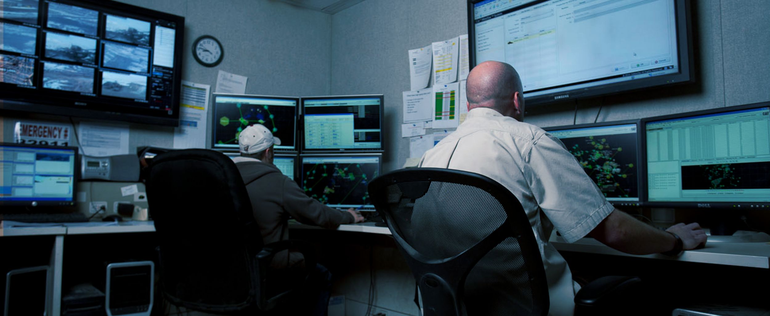 Two people looking at computer monitors