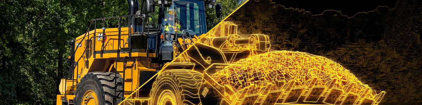 A Cat® 988 XE Large Wheel Loader with a graphical digital overlay