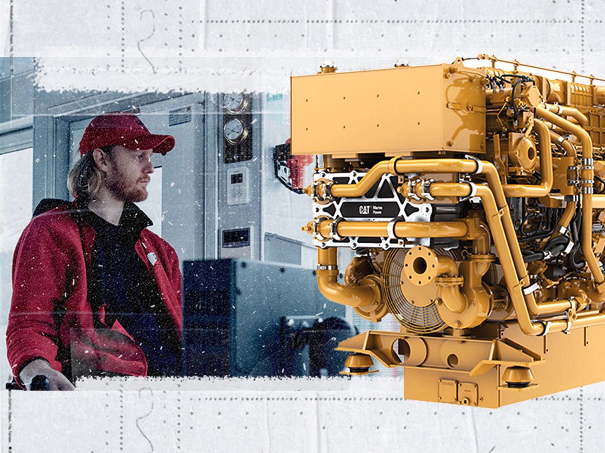 Cat 3516E commercial propulsion engine overlayed onto an image of a man 