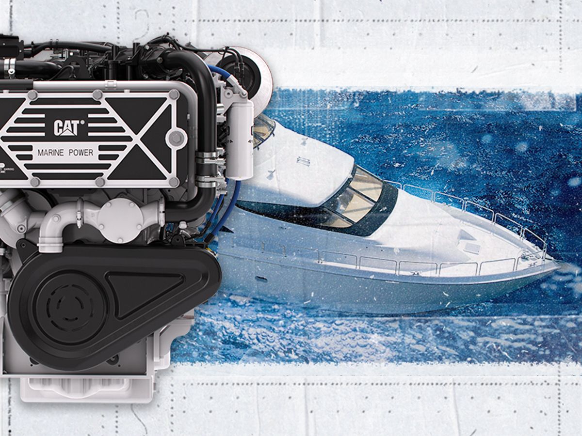 Cat C32B Engine next to a photo of a yacht