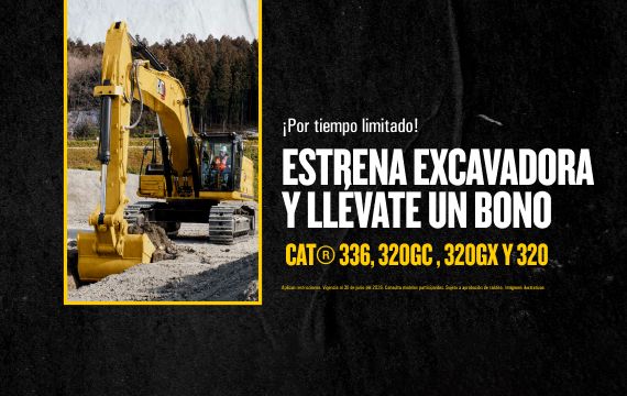 Excavadora Cat posicionada sobre un montón de tierra, excavando lateralmente.
