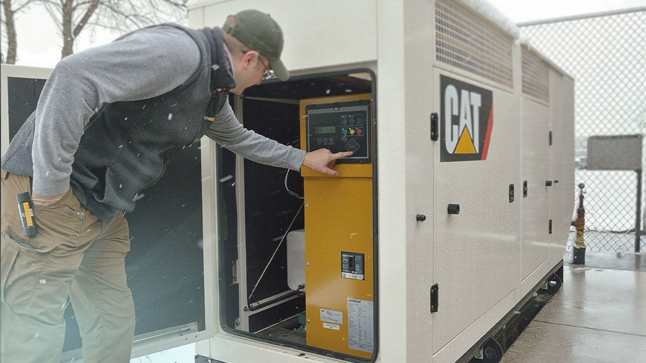 Large white industrial generator enclosure installed outside a commercial facility.