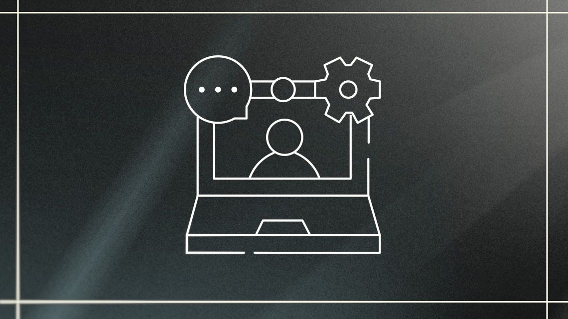 Illustration featuring a computer monitor with chat and gear icons.
