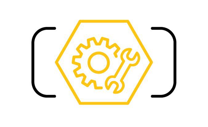 Cat hex icon with a gear and wrench