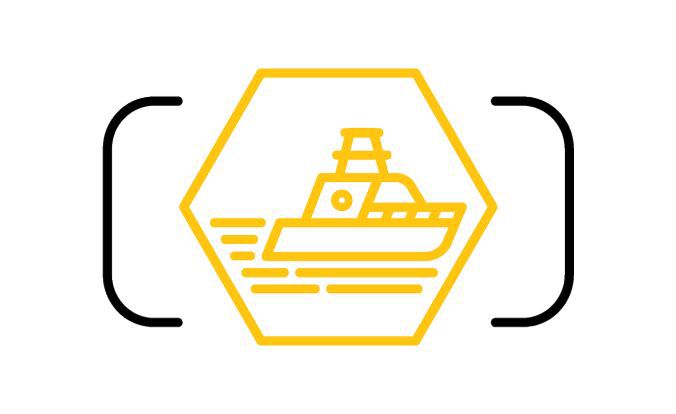 Cat hex icon with a vessel moving along a waterway