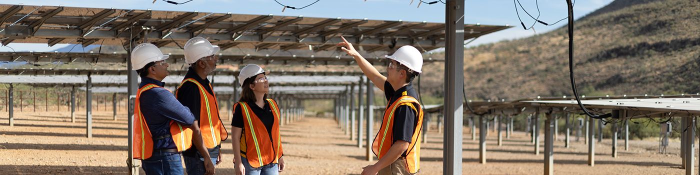 group of people examining solar panels