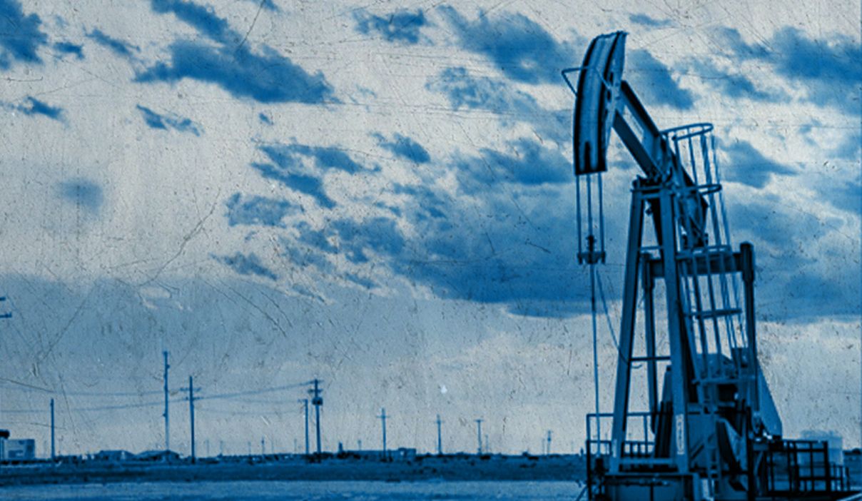 Oil derricks with sun and clouds in the background shaded in blue