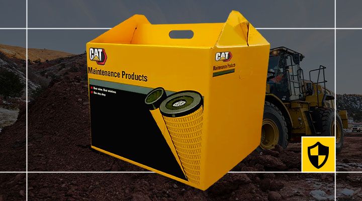 Cat preventive maintenance kit and heavy equipment filters product packaging. Ideal for heavy machinery DIY maintenance, scheduled servicing, and genuine manufacturer parts programs. 