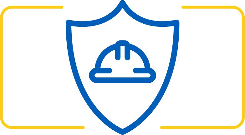 Blue and yellow icon with hard hat and shield 