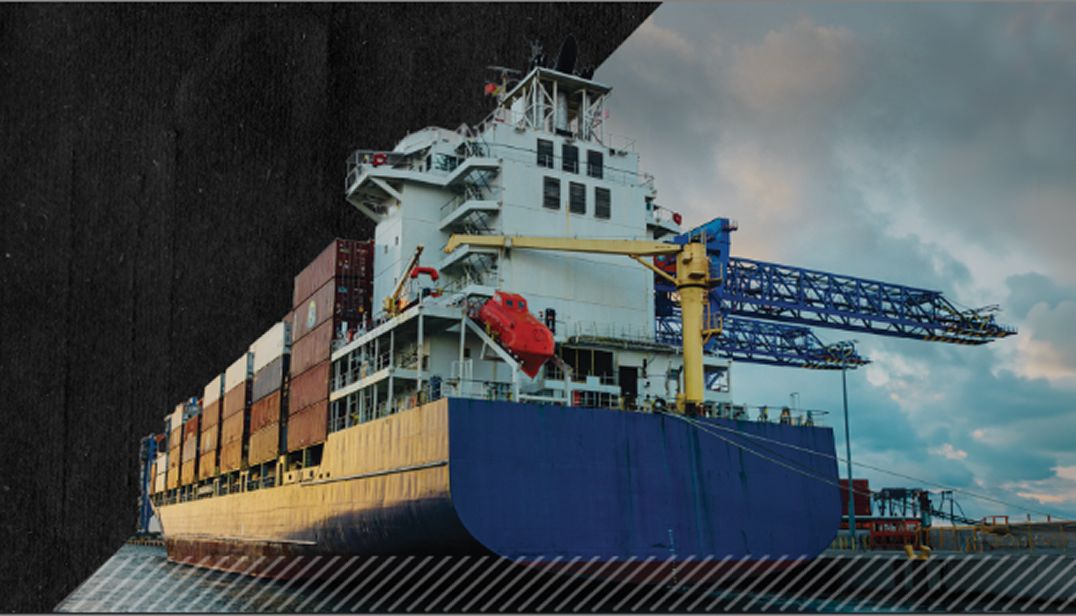 A container ship docked at a commercial shipping port