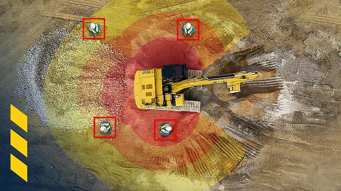 Birdseye view of an excavator showing safety technologies