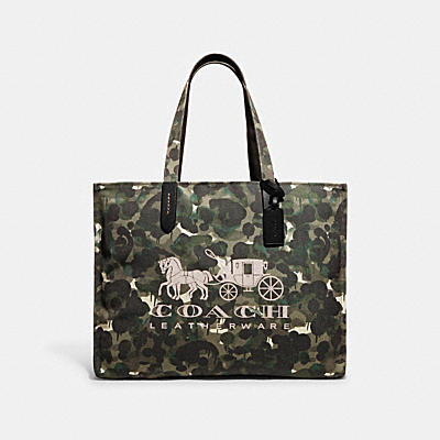 100 PERCENT RECYCLED CANVAS TOTE 42 WITH CAMO PRINT AND HORSE AND CARRIAGE