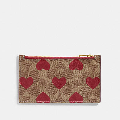 ZIP CARD CASE IN SIGNATURE CANVAS WITH HEART PRINT