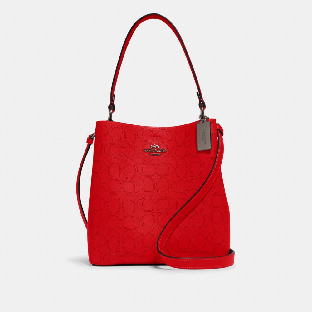 COACH 1008 - TOWN BUCKET BAG IN SIGNATURE LEATHER QB/MIAMI RED BLACK