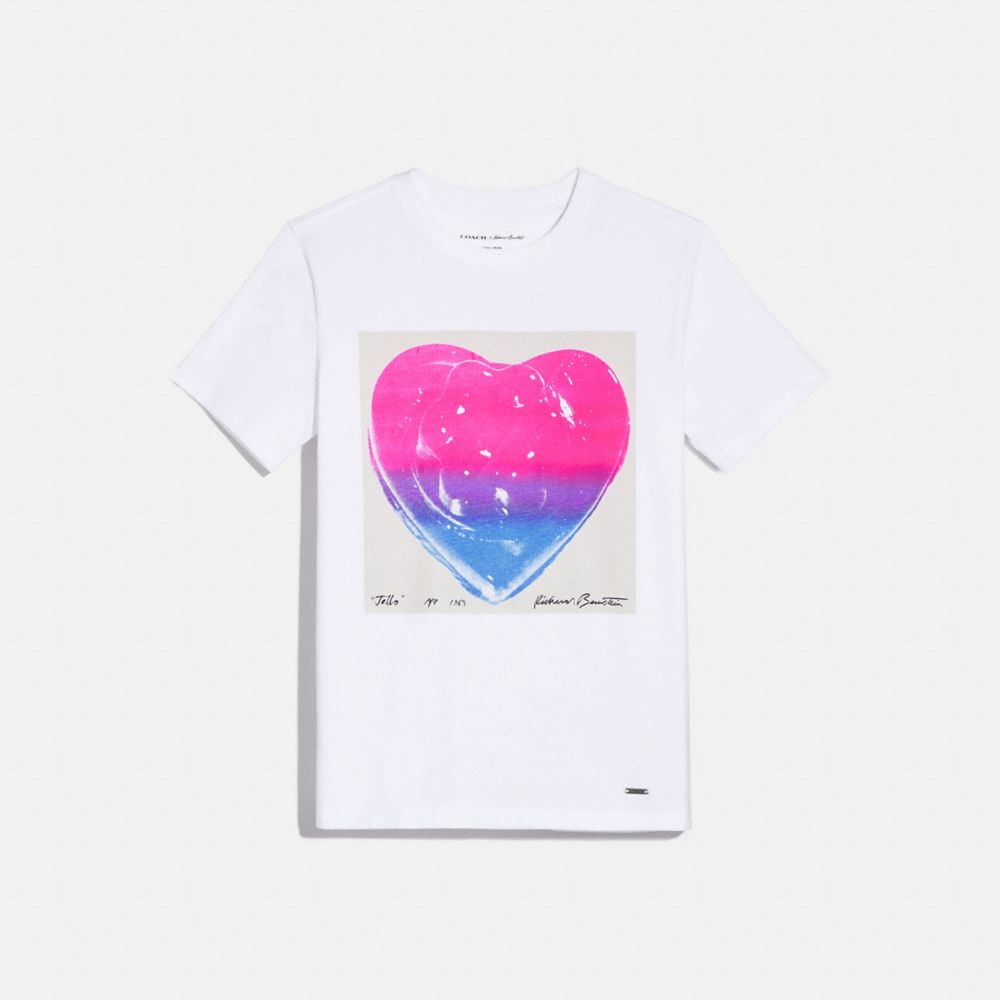 COACH X RICHARD BERNSTEIN PINK AND BLUE JELLO HEART T-SHIRT - WHITE. - COACH 1056