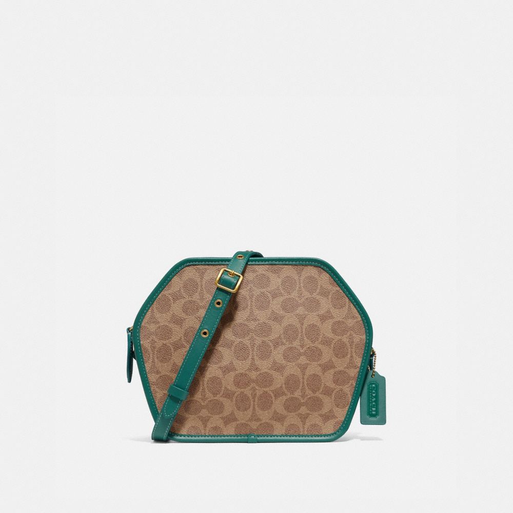 COACH 110 ZIP GEOMETRIC POUCH IN SIGNATURE CANVAS B4/TAN DARK AQUAMARINE