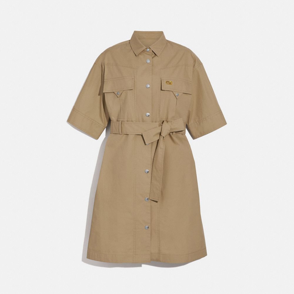 SHORT SLEEVE SAFARI SHIRT DRESS - LIGHT BEIGE - COACH 1110