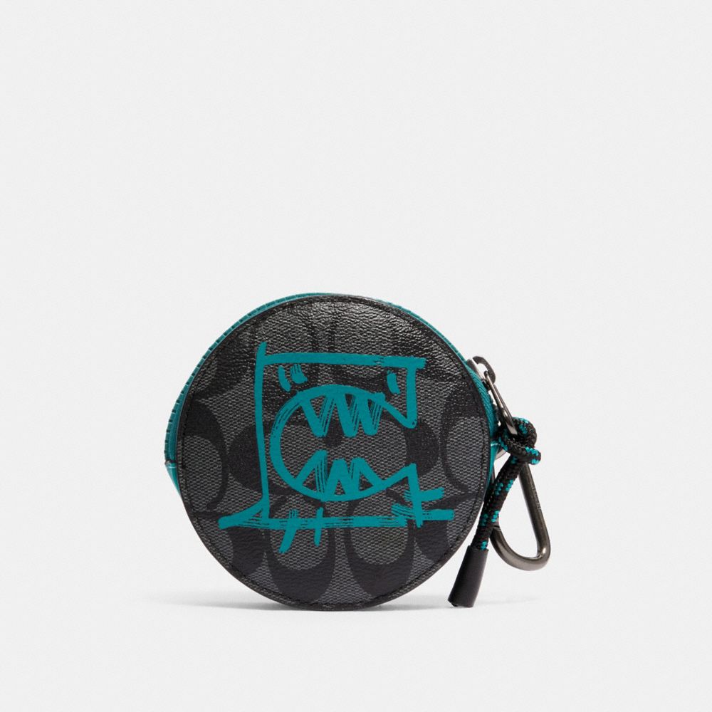 ROUND HYBRID POUCH IN SIGNATURE CANVAS WITH REXY BY GUANG YU - QB/CHARCOAL BLUE GREEN - COACH 1196