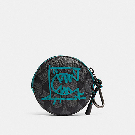 COACH 1196 ROUND HYBRID POUCH IN SIGNATURE CANVAS WITH REXY BY GUANG YU QB/CHARCOAL-BLUE-GREEN