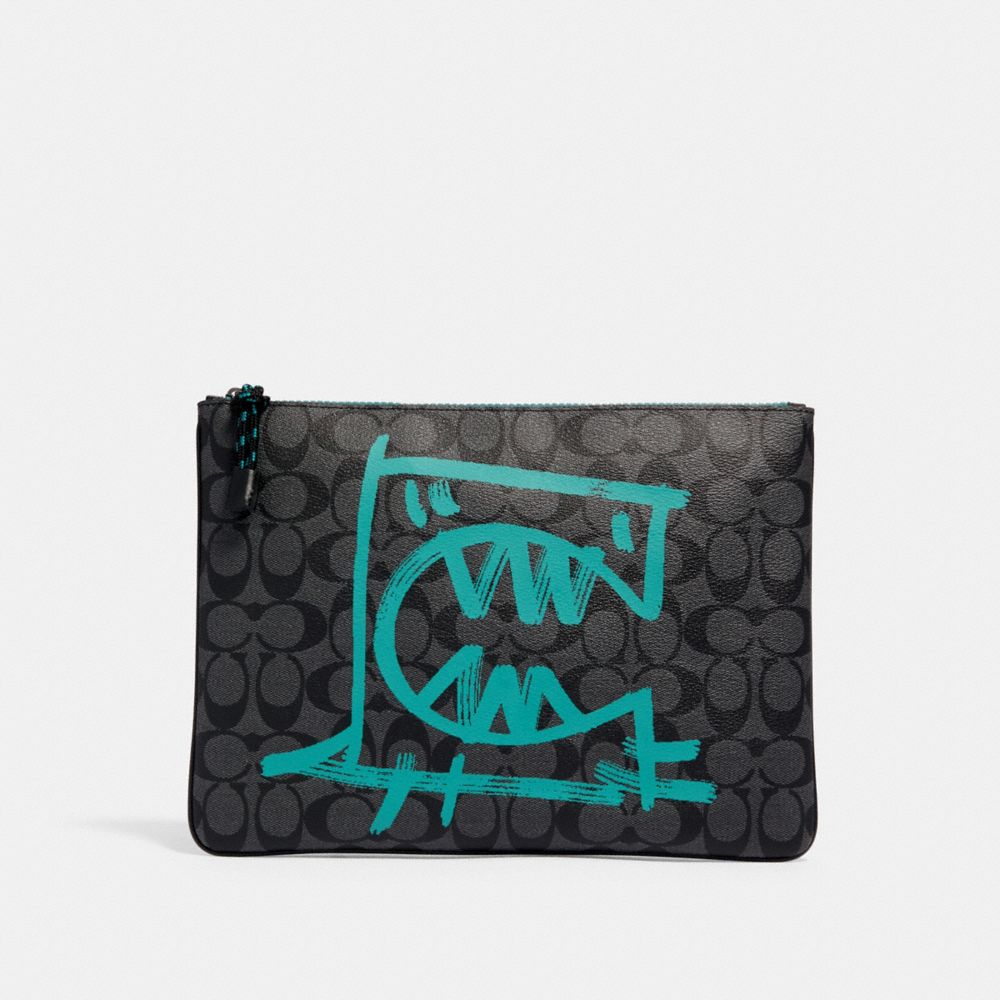 COACH 1205 Large Pouch In Signature Canvas With Rexy By Guang Yu QB/CHARCOAL BLUE GREEN