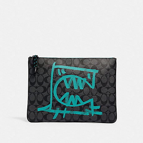 COACH LARGE POUCH IN SIGNATURE CANVAS WITH REXY BY GUANG YU - QB/CHARCOAL BLUE GREEN - 1205