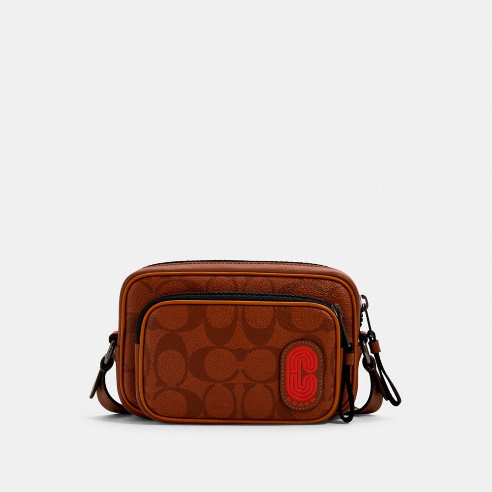 COACH 1217 MINI EDGE DOUBLE POUCH CROSSBODY IN SIGNATURE CANVAS WITH COACH PATCH QB/REDWOOD MULTI