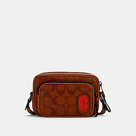COACH 1217 MINI EDGE DOUBLE POUCH CROSSBODY IN SIGNATURE CANVAS WITH COACH PATCH QB/REDWOOD MULTI