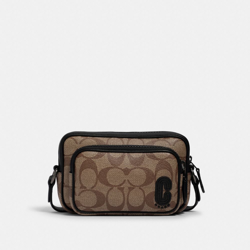 COACH MINI EDGE DOUBLE POUCH CROSSBODY IN SIGNATURE CANVAS WITH COACH PATCH - QB/TAN BLACK - 1217