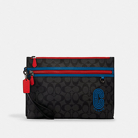 COACH CARRYALL POUCH IN COLORBLOCK SIGNATURE CANVAS WITH COACH PATCH - QB/CHARCOAL/ BLUE JAY MULTI - 1220