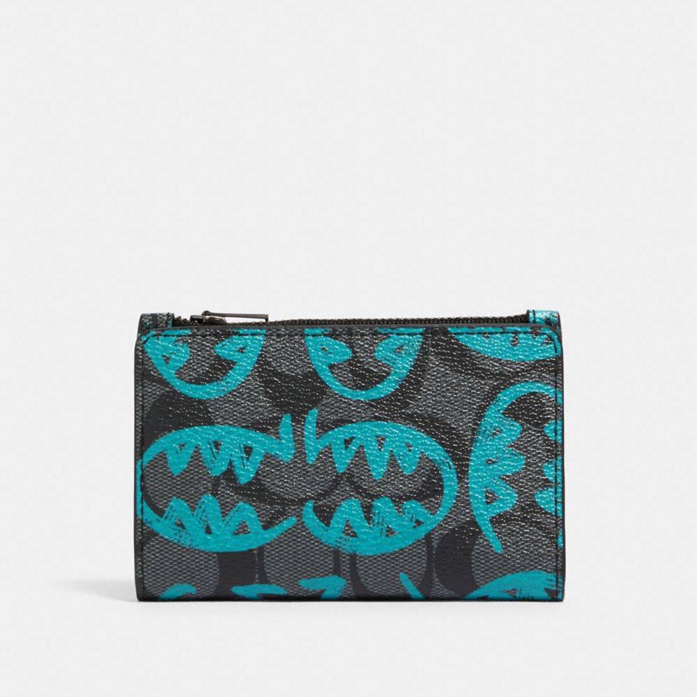 COACH 1256 SLIM BIFOLD CARD WALLET IN SIGNATURE CANVAS WITH REXY BY GUANG YU QB/CHARCOAL BLUE GREEN