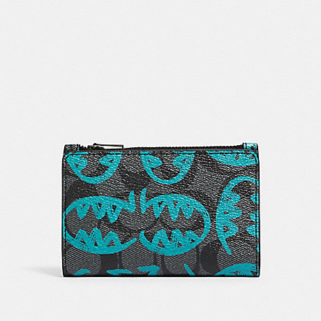 COACH SLIM BIFOLD CARD WALLET IN SIGNATURE CANVAS WITH REXY BY GUANG YU - QB/CHARCOAL BLUE GREEN - 1256