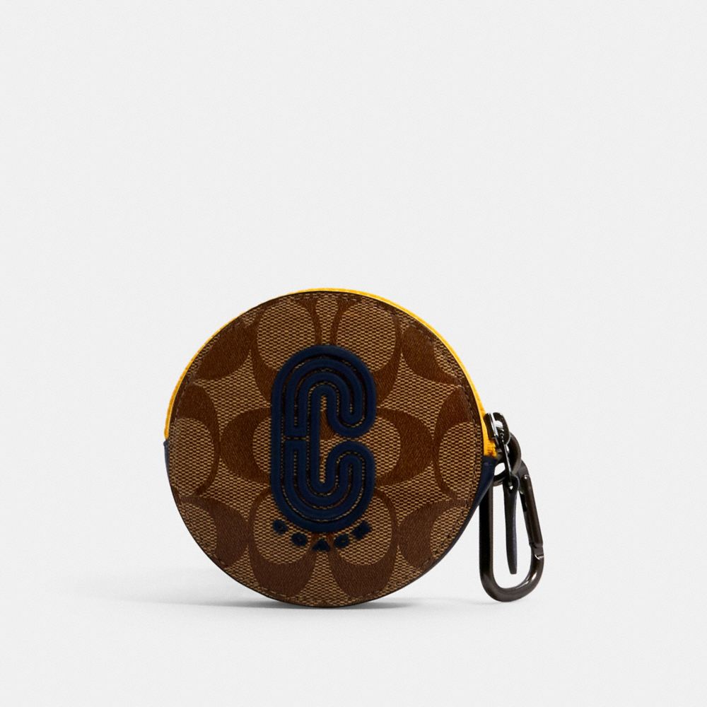 ROUND HYBRID POUCH IN COLORBLOCK SIGNATURE CANVAS WITH COACH PATCH - 1300 - QB/TAN MULTI