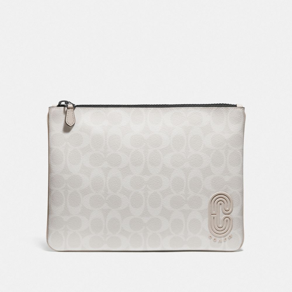 COACH 1314 LARGE POUCH IN SIGNATURE CANVAS WITH COACH PATCH QB/CHALK STEAM