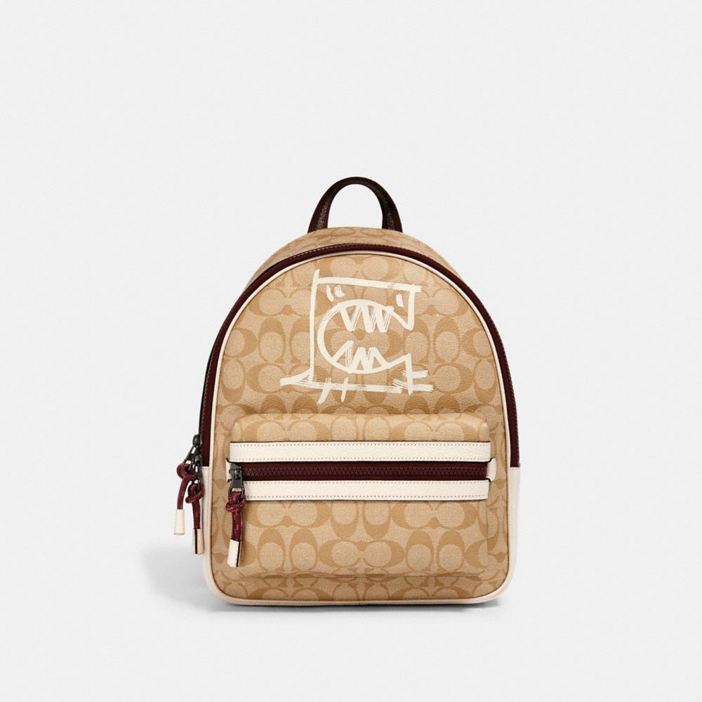 VALE MEDIUM CHARLIE BACKPACK IN SIGNATURE CANVAS WITH REXY BY GUANG YU - 1509 - QB/LIGHT KHAKI/CHALK MULTI