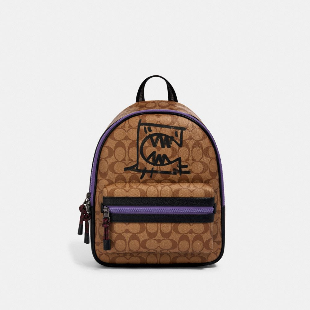 VALE MEDIUM CHARLIE BACKPACK IN SIGNATURE CANVAS WITH REXY BY GUANG YU - 1509 - QB/KHAKI BLACK MULTI