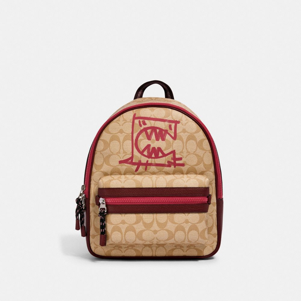 COACH VALE MEDIUM CHARLIE BACKPACK IN SIGNATURE CANVAS WITH REXY BY GUANG YU - SV/LT KHAKI/ELCTRC PINK MULTI - 1509