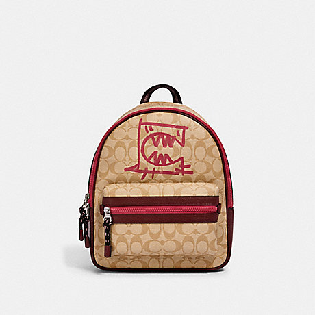 COACH VALE MEDIUM CHARLIE BACKPACK IN SIGNATURE CANVAS WITH REXY BY GUANG YU - SV/LT KHAKI/ELCTRC PINK MULTI - 1509