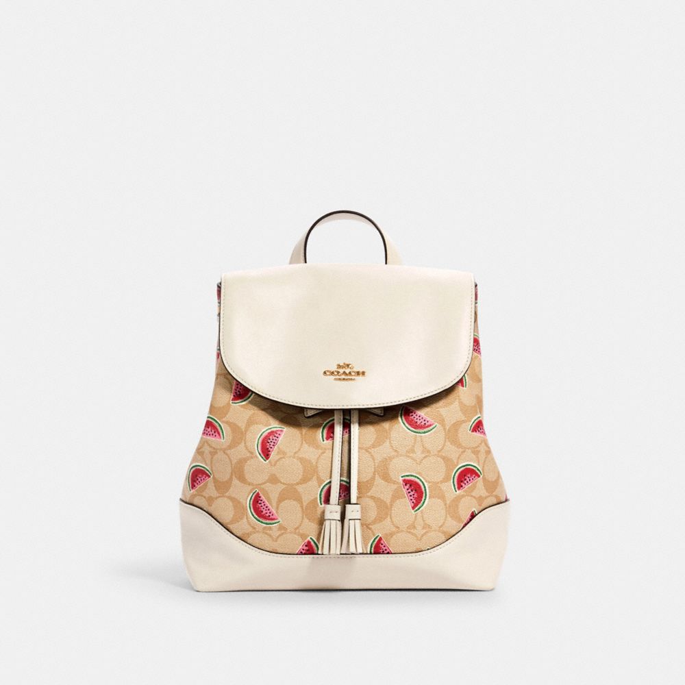 ELLE BACKPACK IN SIGNATURE CANVAS WITH WATERMELON PRINT - 1602 - IM/LT KHAKI/RED MULTI