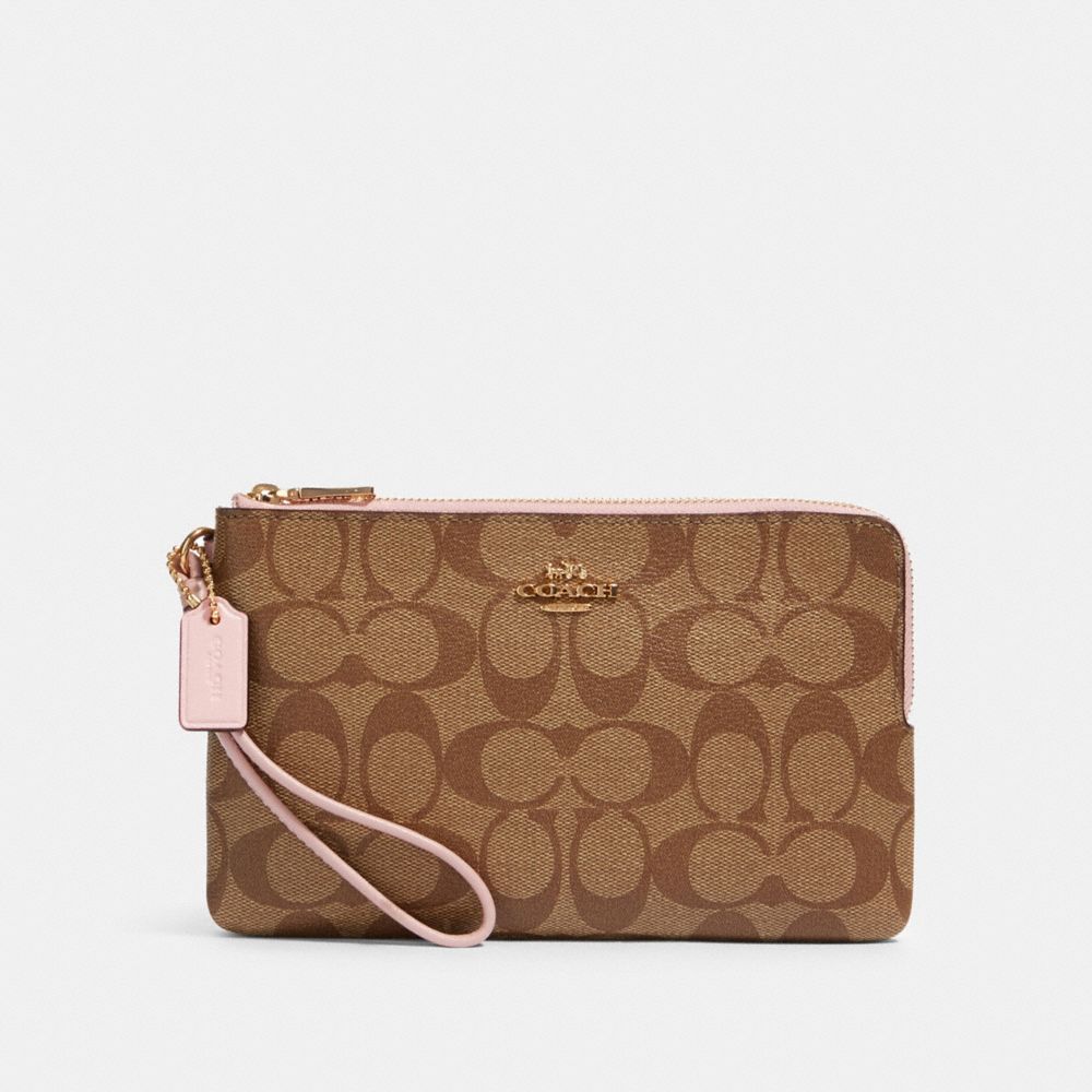 COACH 16109 DOUBLE ZIP WALLET IN SIGNATURE CANVAS IM/KHAKI-BLOSSOM