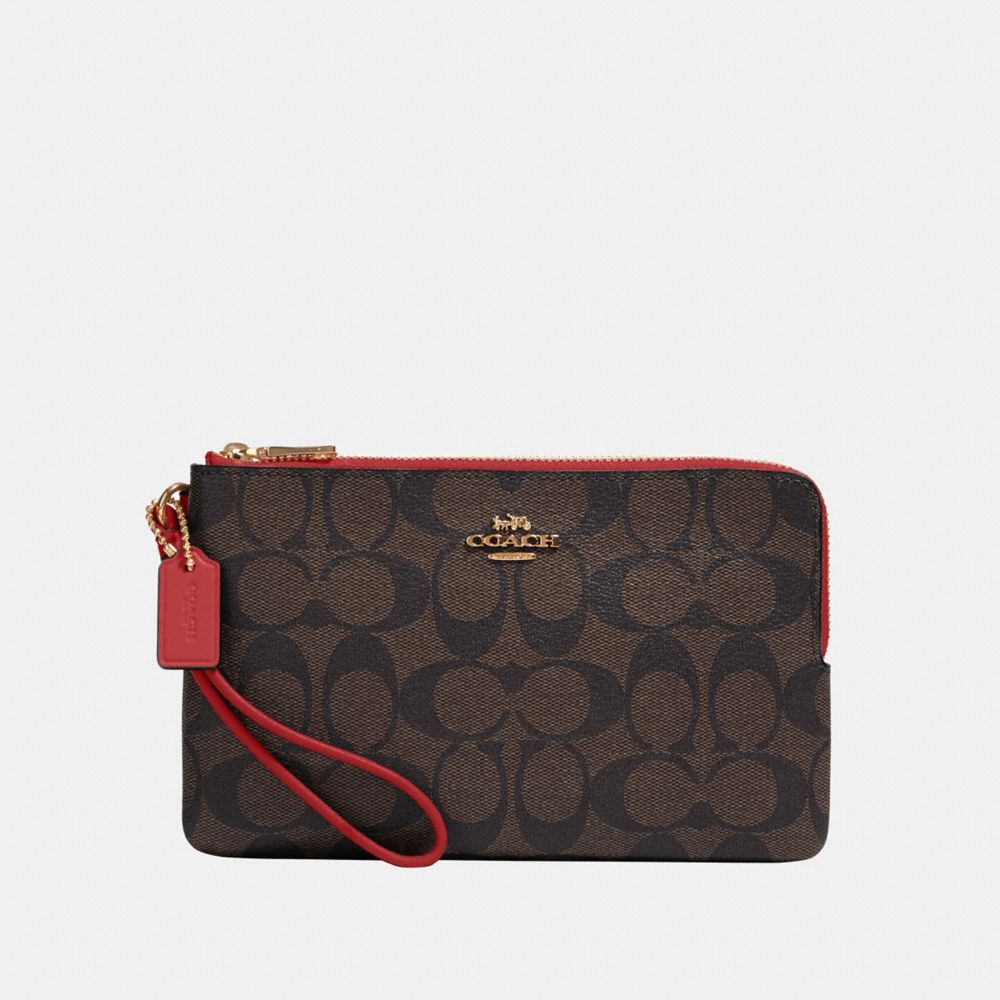 COACH Double Zip Wallet in Signature Canvas, IM/Brown 1941 Red