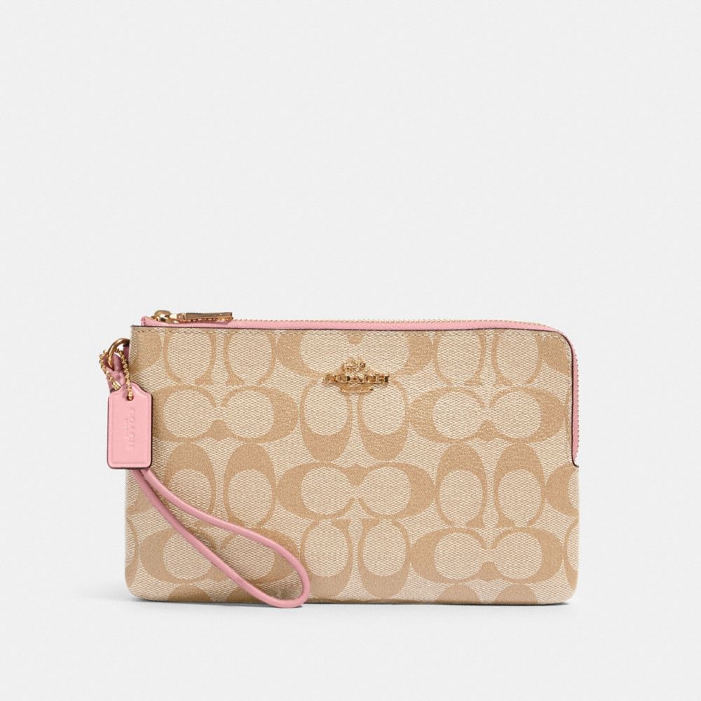 COACH 16109 DOUBLE ZIP WALLET IN SIGNATURE CANVAS IM/LIGHT KHAKI/BUBBLEGUM